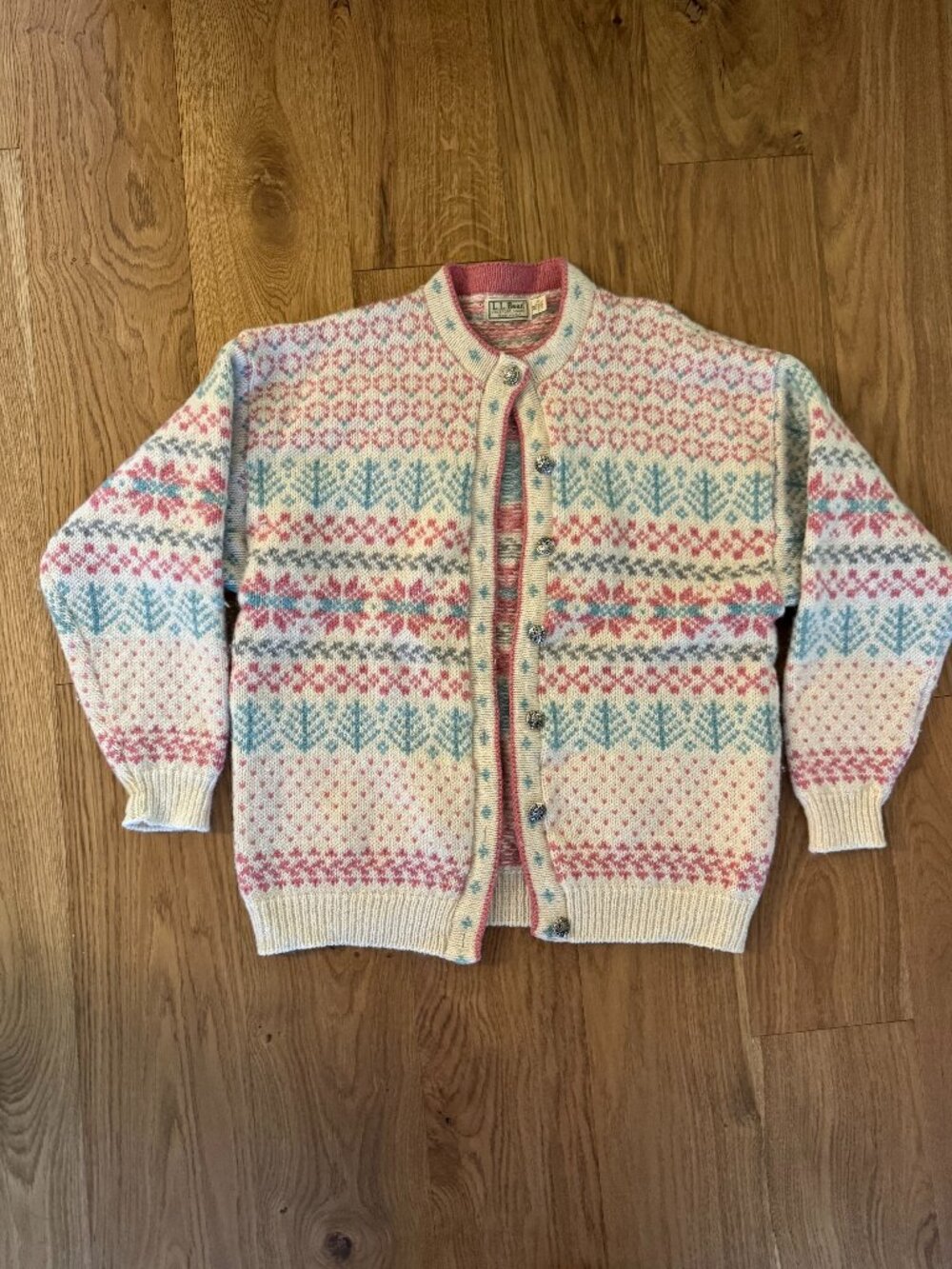 Vintage LL Bean Fair Isle Nordic Button Up wool Sweater Pink Blue White XL